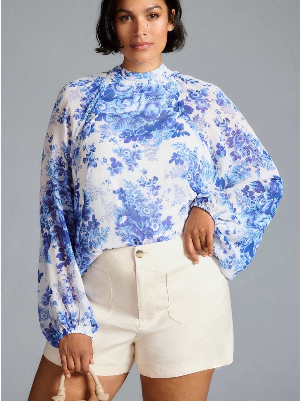 Anthropologie Maeve Blue Floral High-Neck Open Back Peasant Blouse-M/new tags